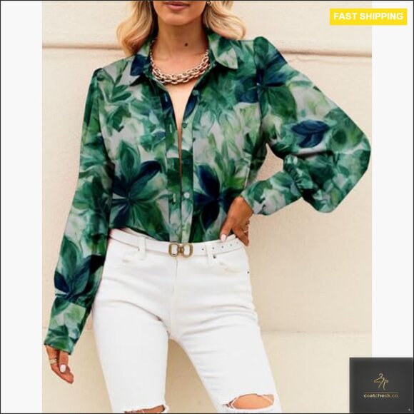 Long Sleeve V-Neck Button Down Blouse, Boho Print, Relaxed Fit, Dressy Casual - Picture 4 of 7